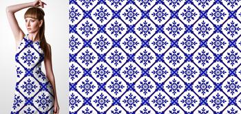 33077v Materiał ze wzorem niebieski motyw na białym tle, inspirowany sztuką ceramiki